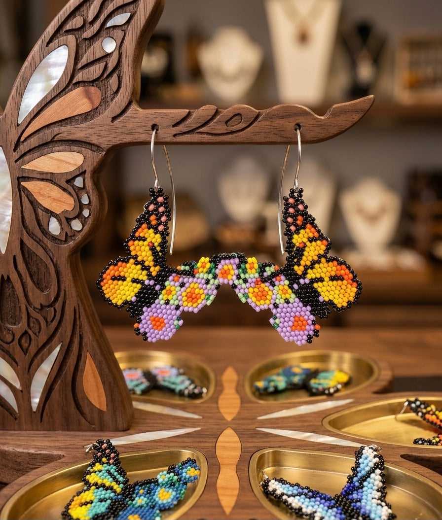 Purple Dancing Butterfly Beaded Earrings