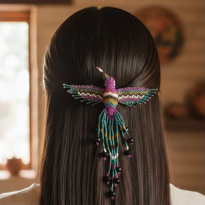 Purple and light green Hummingbird Barrette with Fringes