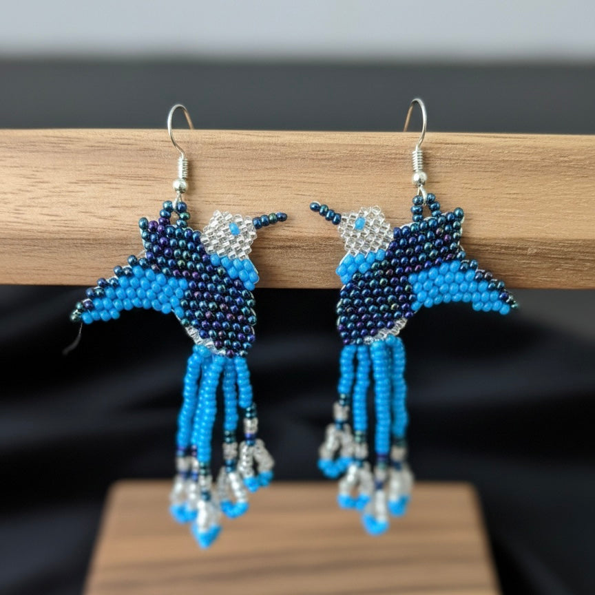 Handmade Beaded Hummingbird Earrings – Blue-2