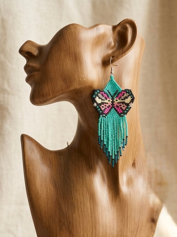 Turquoise and Pink Beaded Dancing Wing Earrings