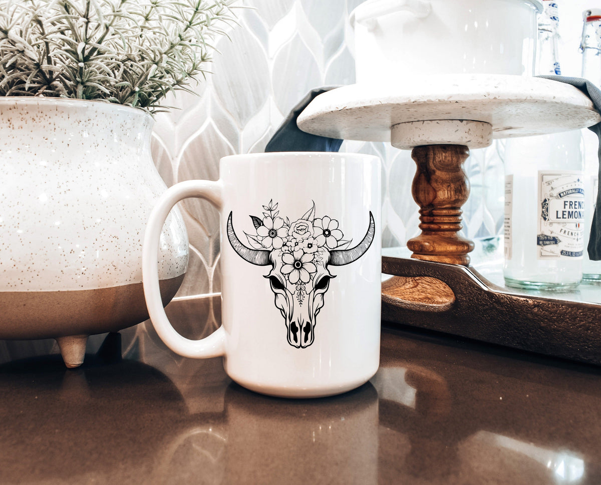 Floral Cow Skull | 15oz Ceramic Mug — Boho Cow Skull Mug with Floral Design-1