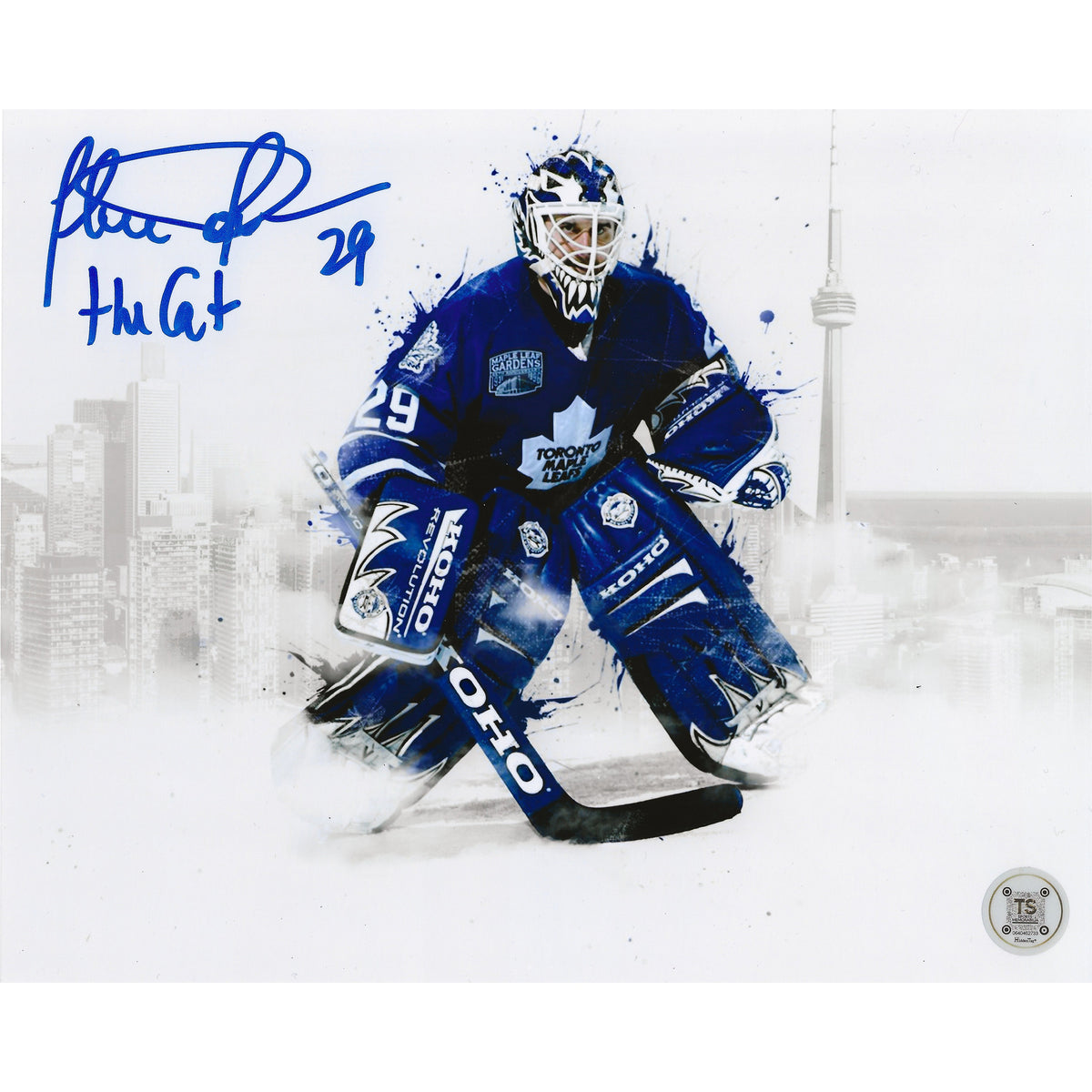 Felix Potvin Autographed Toronto Maple Leafs Skyline 8X10 Photo Inscribed "The Cat"-1