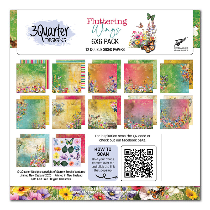 3Quarter Designs Fluttering Wings, Pack de papiers 15x15 cm-1