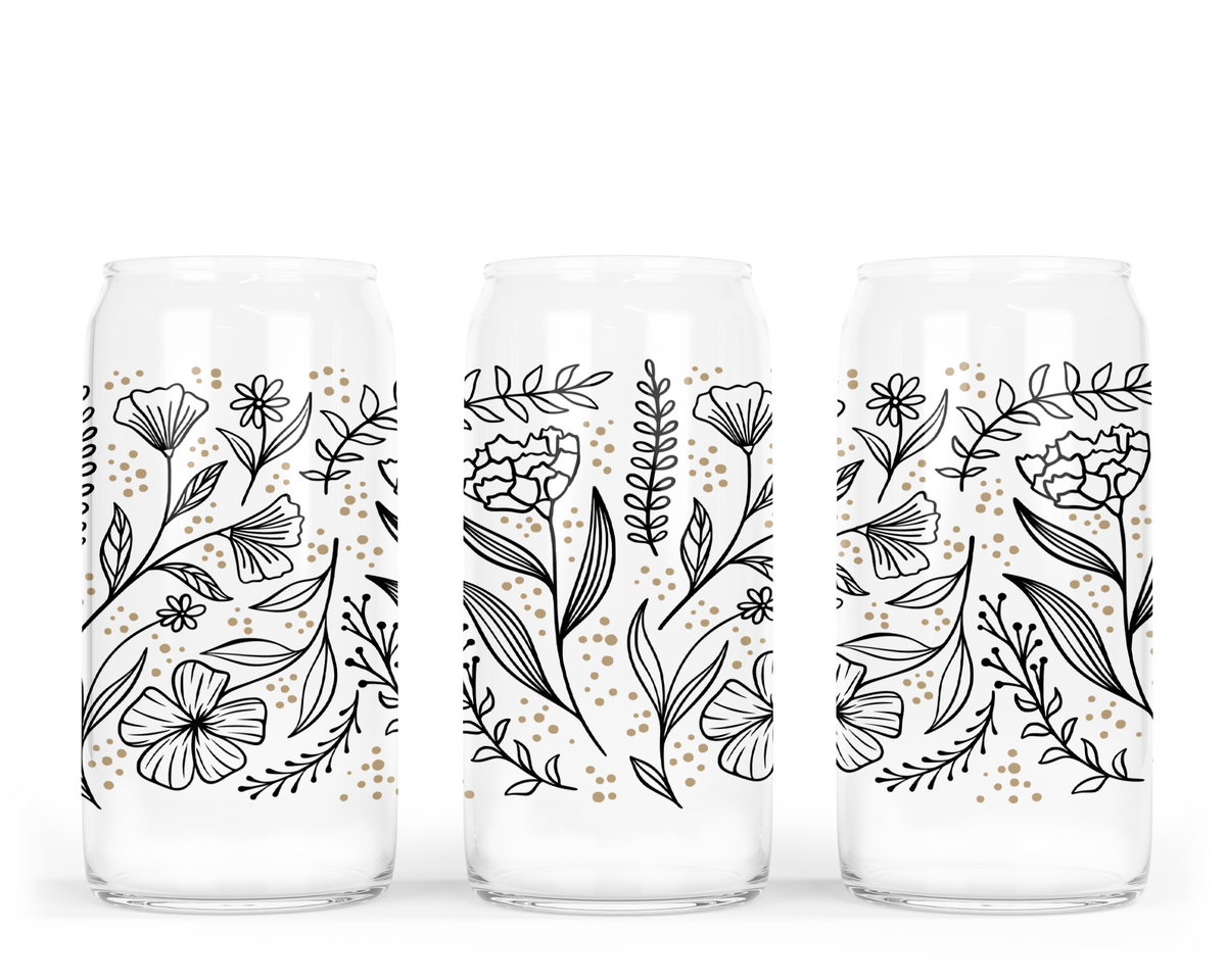 Floral Line Art Glass Can with Bamboo Lid-2