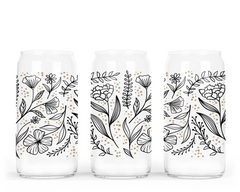 Floral Line Art Glass Can with Bamboo Lid-2
