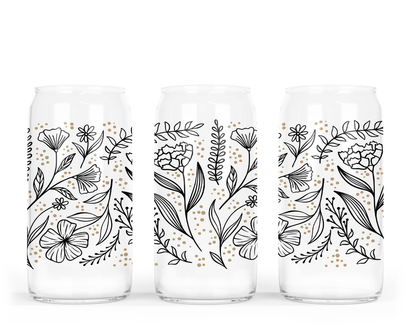 Floral Line Art Glass Can with Bamboo Lid-2