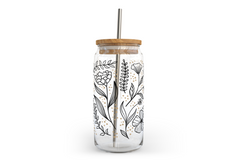 Floral Line Art Glass Can with Bamboo Lid-1