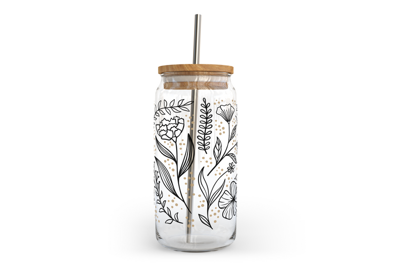 Floral Line Art Glass Can with Bamboo Lid-1