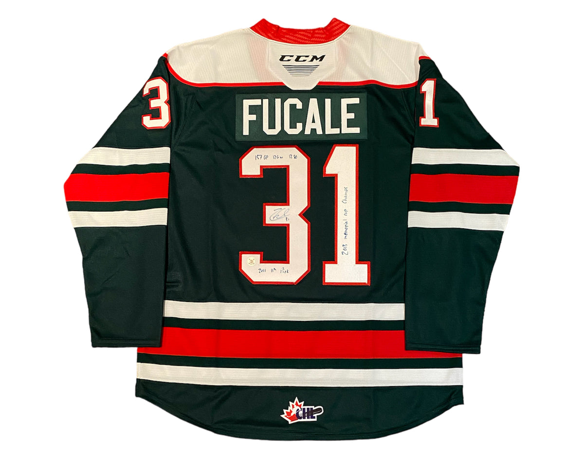 Jersey réplica CCM verde de local de los Halifax Mooseheads autografiado por Zach Fucale con múltiples inscripciones-1