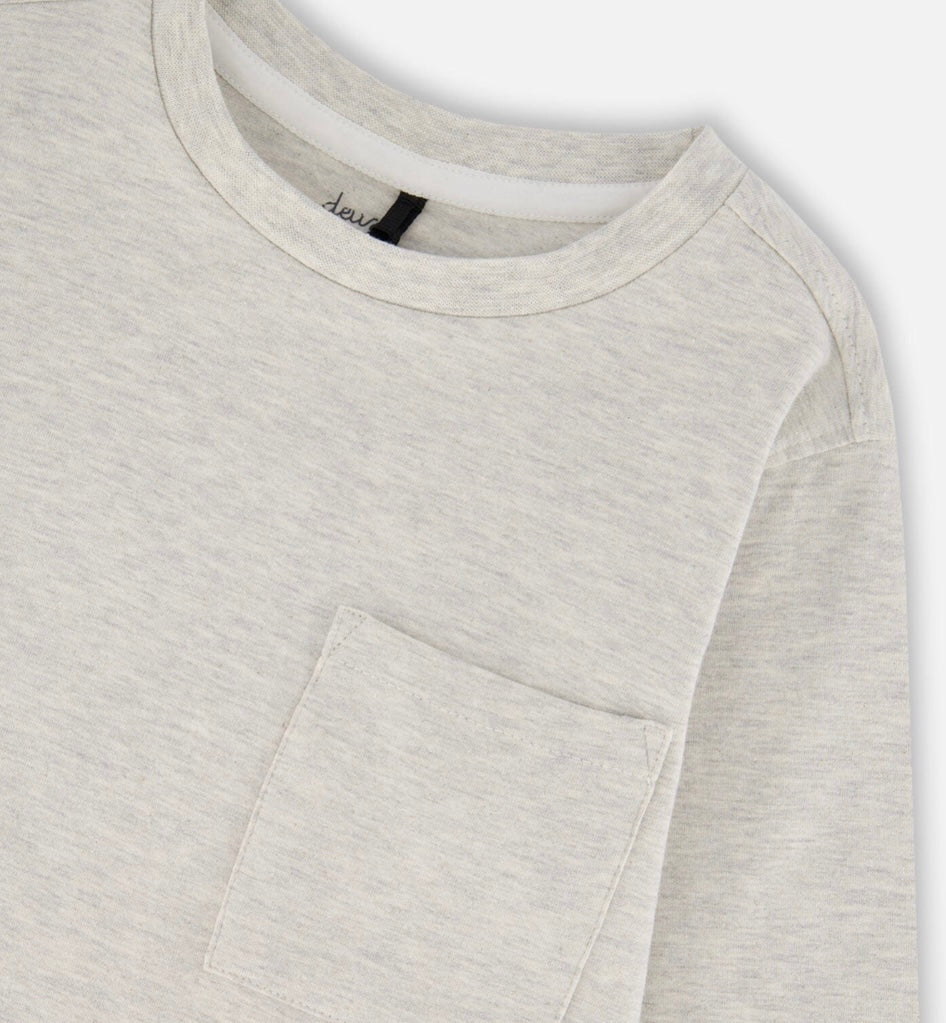 Organic Cotton Jersey Pocket T-Shirt | Heather Beige Grey | Deux Par Deux-3