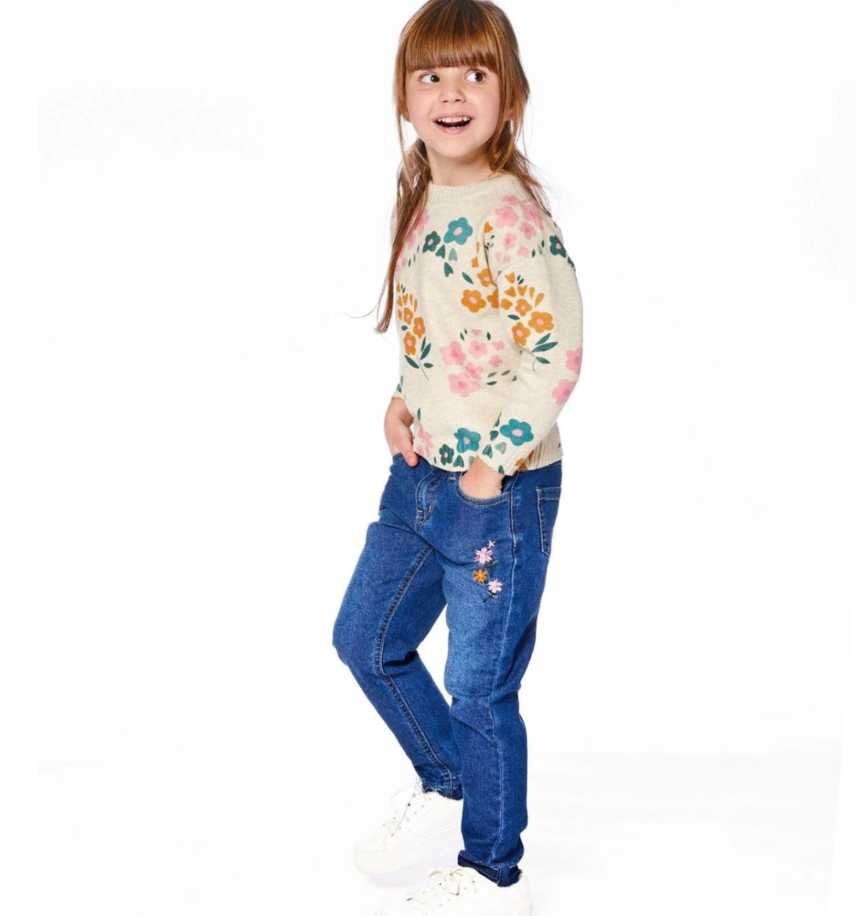 Denim With Frayed Hems And Floral Embroideries | Blue | Deux Par Deux-4