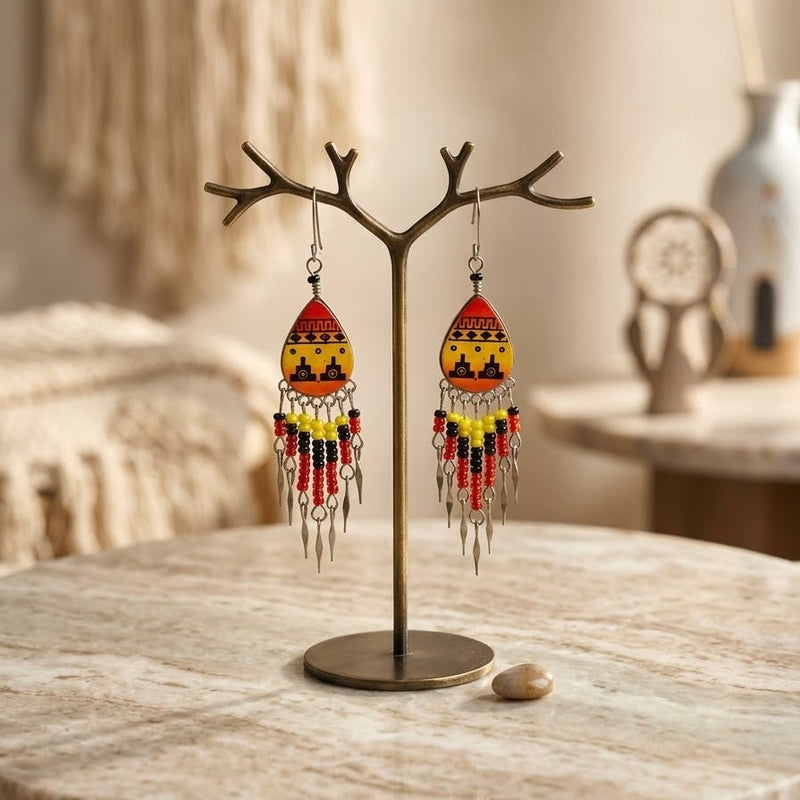 Small Sized Southwestern Red and Yellow Teardrop Earrings-1