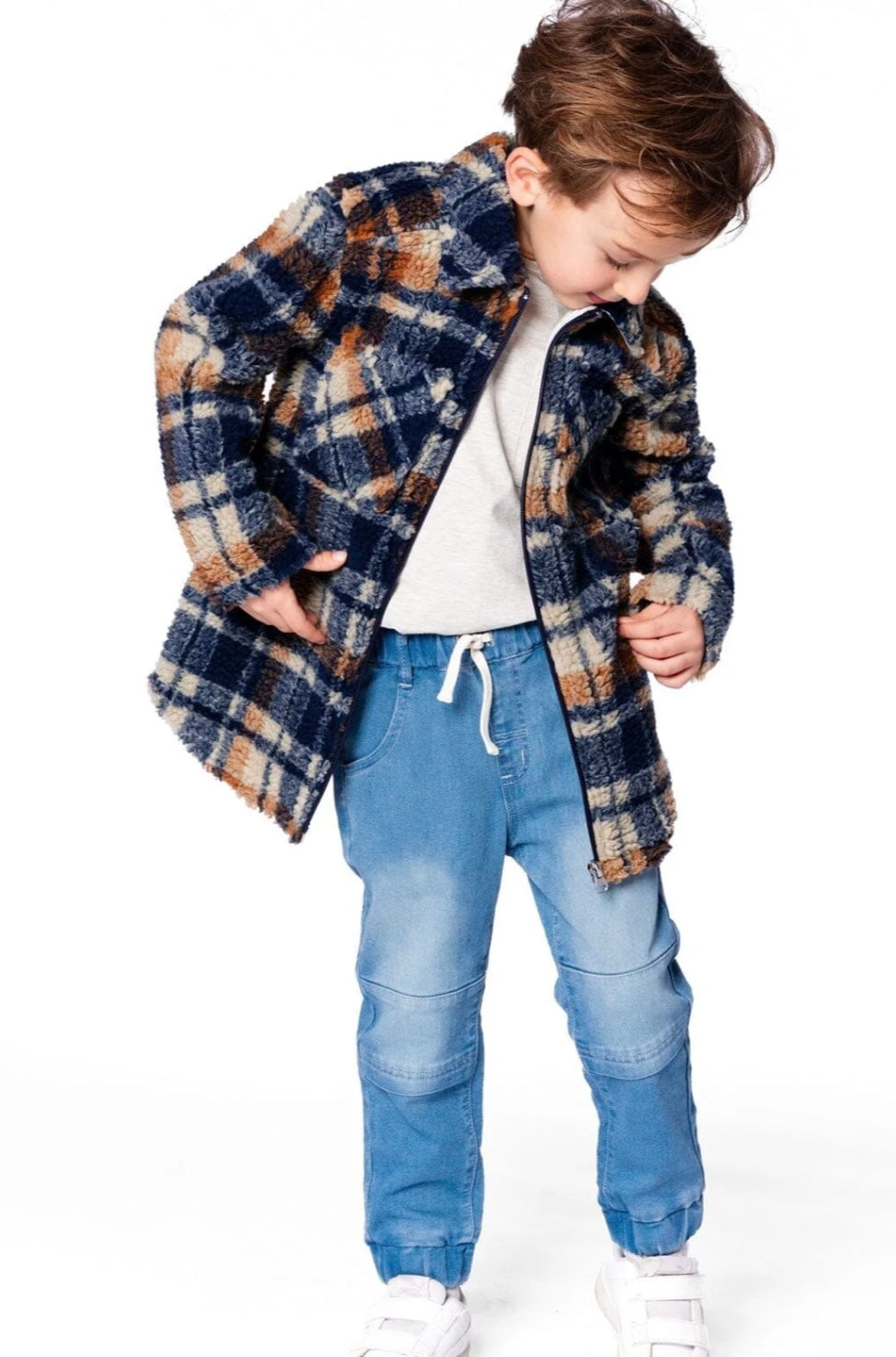 Sherpa Over-shirt  | Navy & Brown Plaid | Deux Par Deux-2