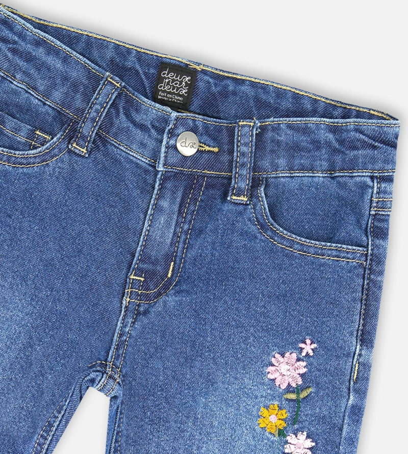 Denim With Frayed Hems And Floral Embroideries | Blue | Deux Par Deux-2