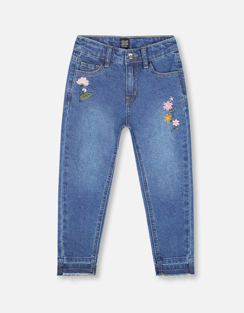 Denim With Frayed Hems And Floral Embroideries | Blue | Deux Par Deux-1