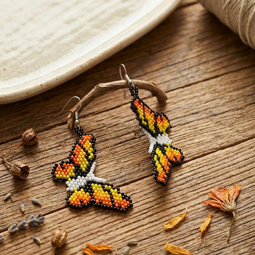 White Orange butterfly Beaded Earrings-1