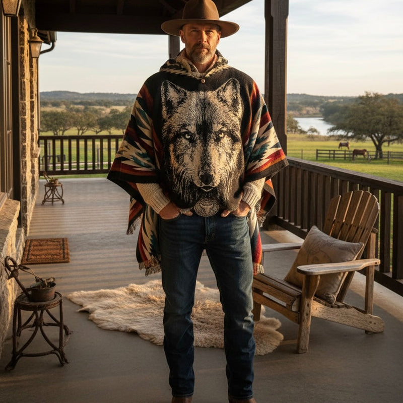 Lonely Wolf  HandMade Wool Poncho ( black)-3
