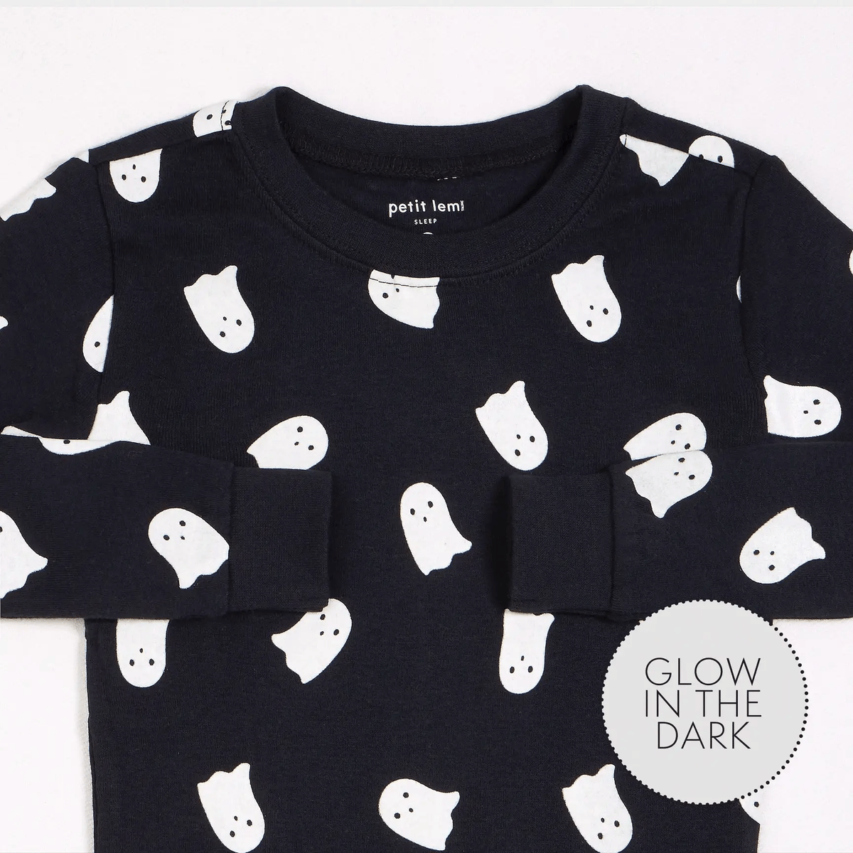 Ghosts Glow in the Dark Print on Black PJ Set | Petit Lem-3