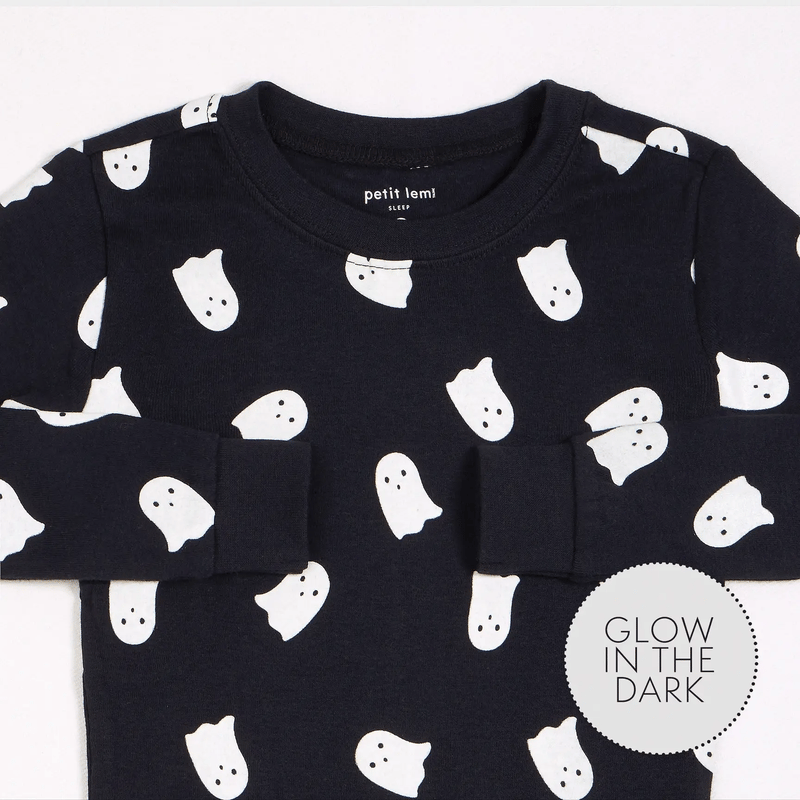 Ghosts Glow in the Dark Print on Black PJ Set | Petit Lem-3