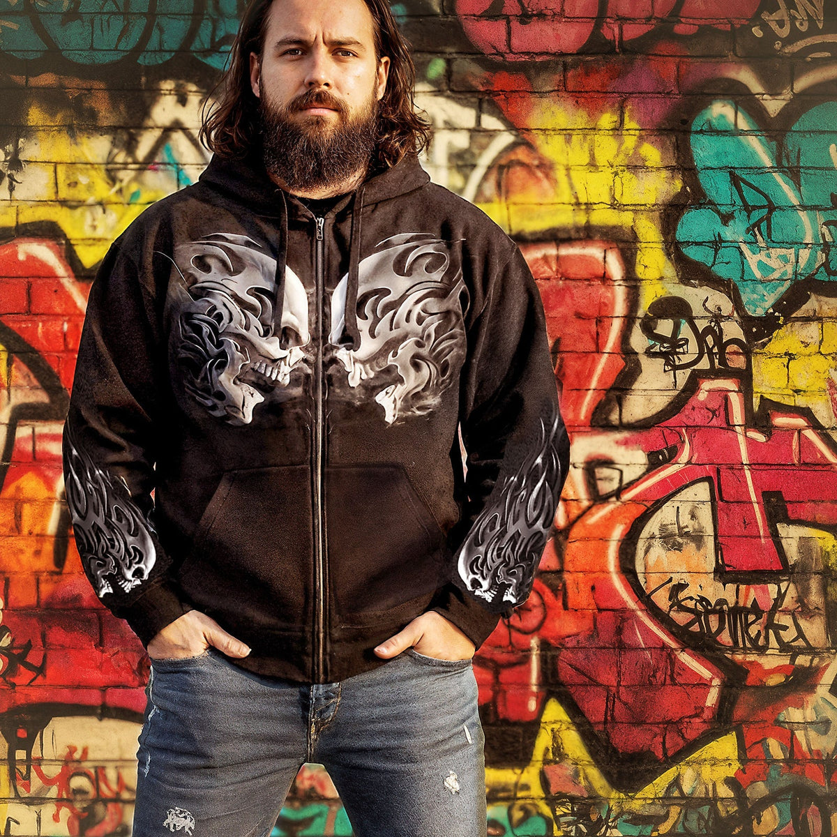 BOL Men's Head Butt Skulls Zipper Hoodie-2