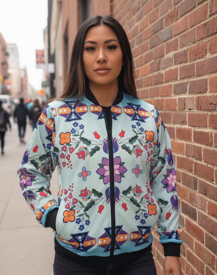 Light Turquoise Floral Sky Bomber Jacket-2