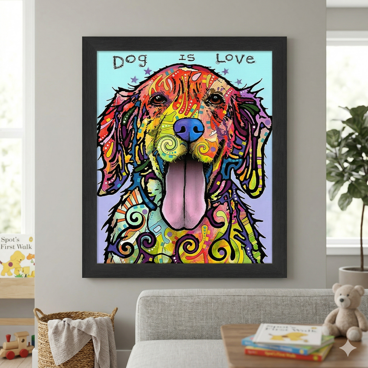 Dog Is Love Colorful Framed Canvas Wall Art (33.5x23.5)-4