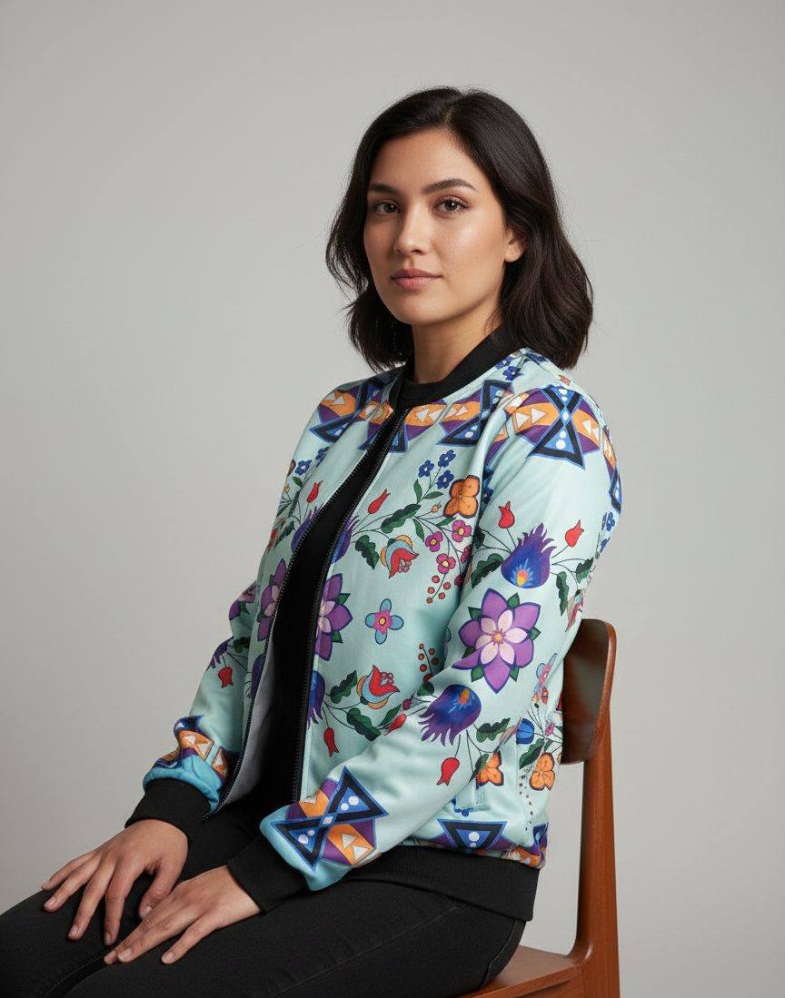 Light Turquoise Floral Sky Bomber Jacket-6