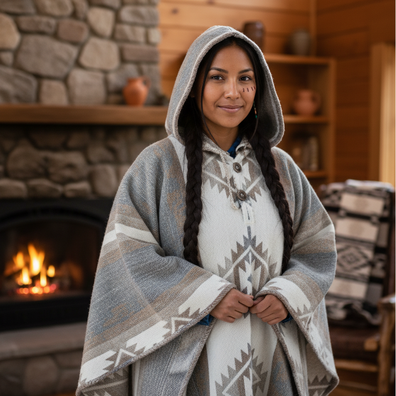 Grey and white AZTEC Wool Ponchos-1