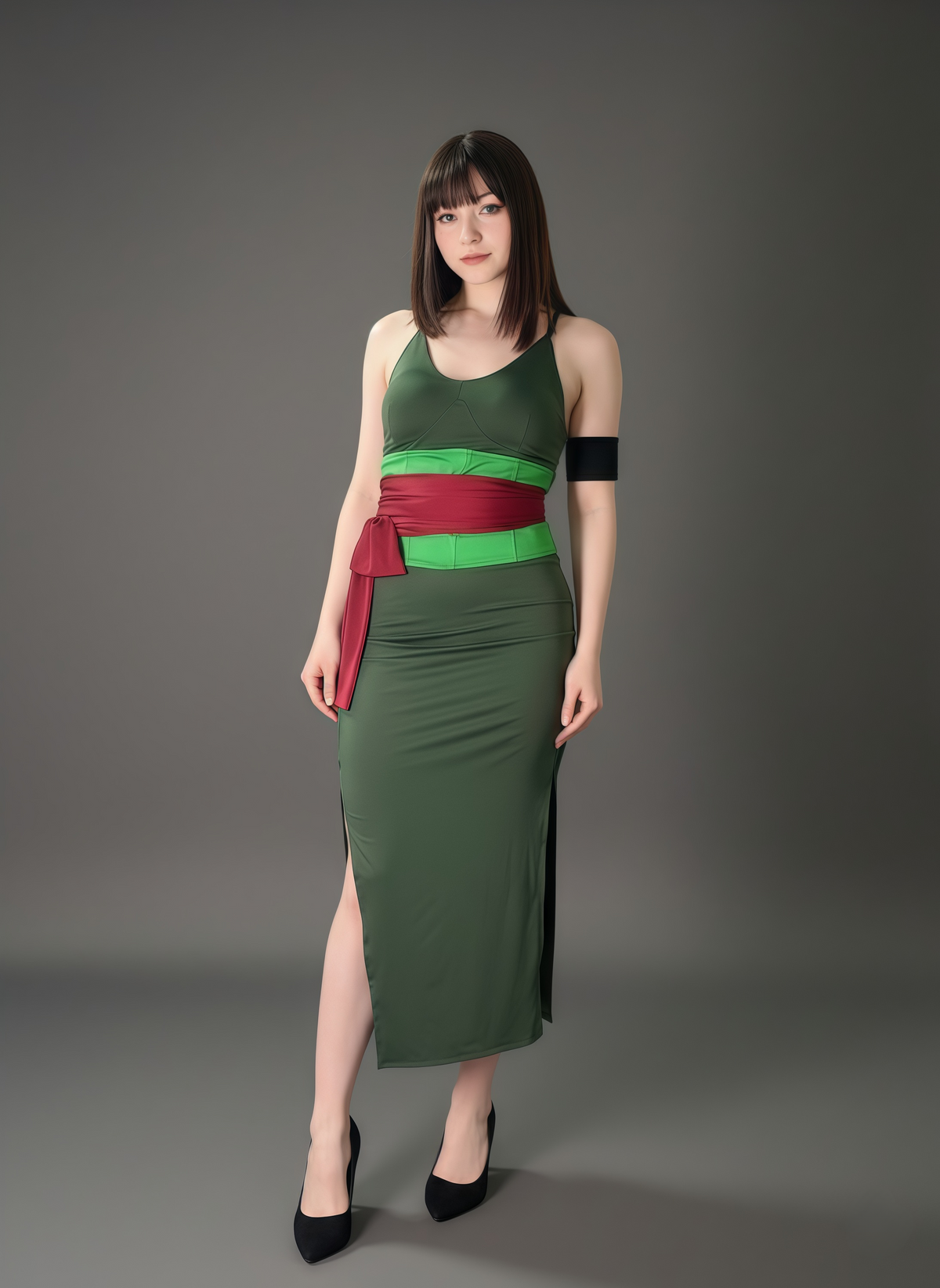 [Inventory Clearance] Female Zoro Cosplay Green Sleeveless High-slit Long Dress Halloween Costume-3