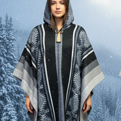 Light grey/w black Soft Handmade Wool Ponchos-3