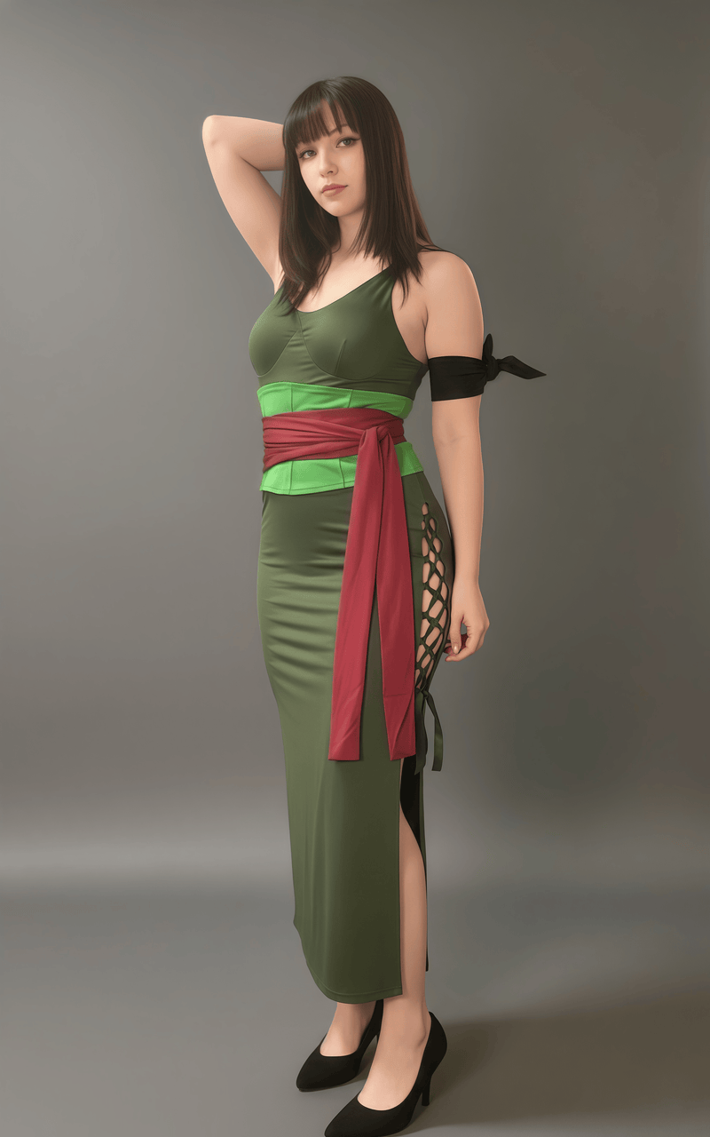 [Inventory Clearance] Female Zoro Cosplay Green Sleeveless High-slit Long Dress Halloween Costume-2