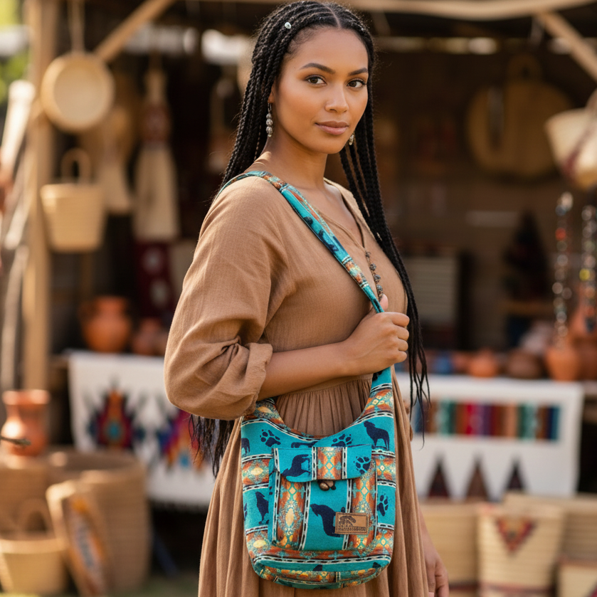 wolf Turquoise and Orange Black Crossbody Bag