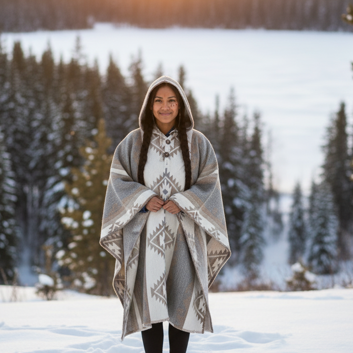 Grey and white AZTEC Wool Ponchos-6