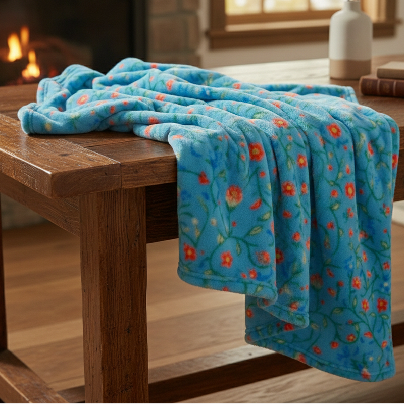 Anishinaabe Enchantment" turquoise Floral Plush Throw Blanket-2