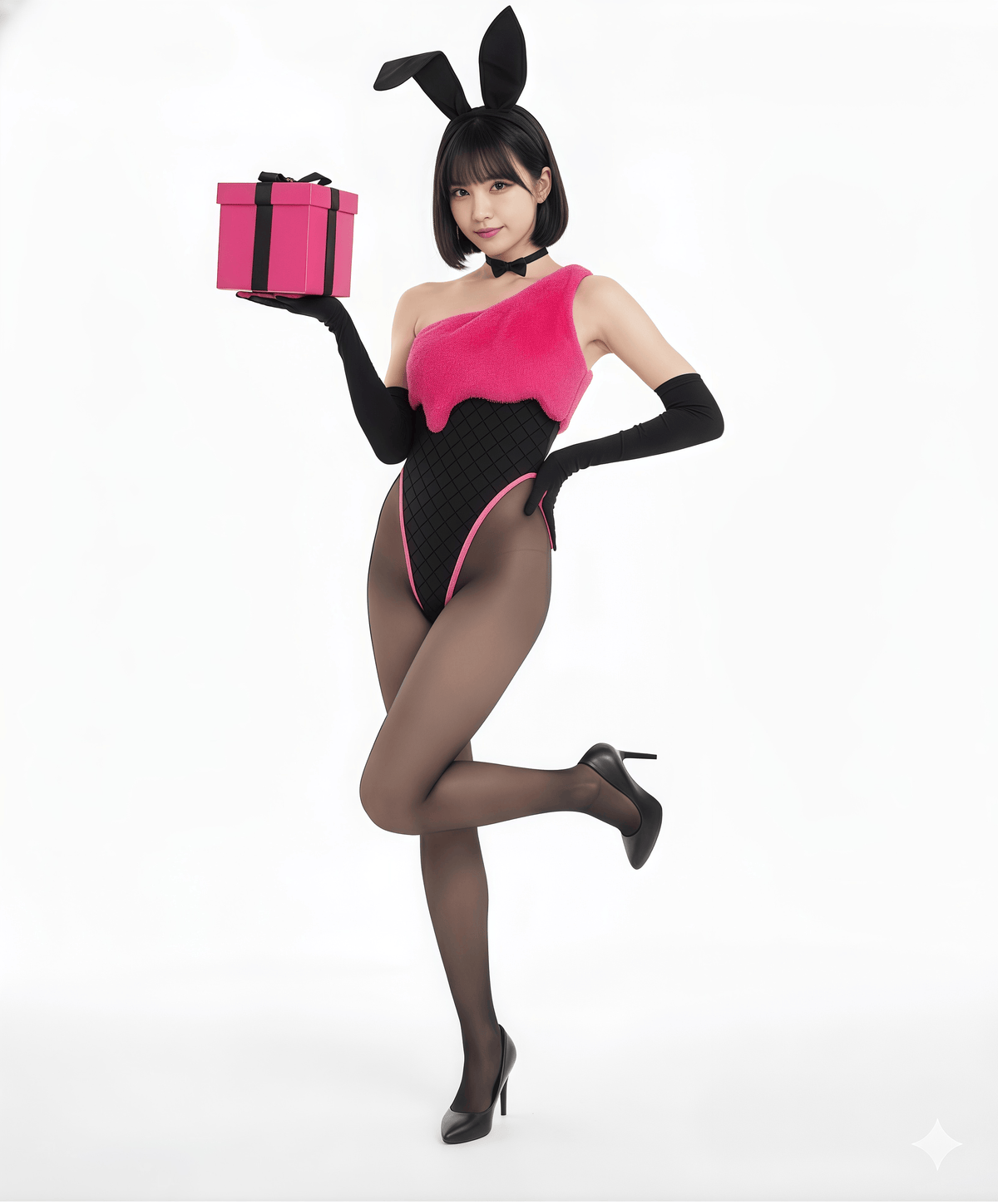 Anime Strawberry Ice Cream Style Bunny Girl Knitted Black Pink Bodysuit Lingerie Set-12