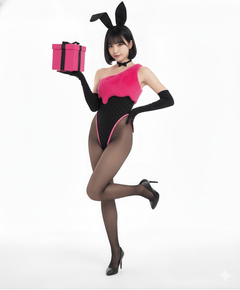 Anime Strawberry Ice Cream Style Bunny Girl Knitted Black Pink Bodysuit Lingerie Set-12