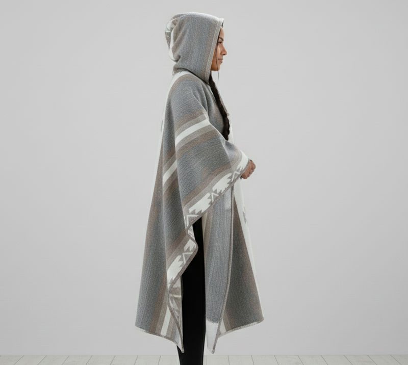 Grey and white AZTEC Wool Ponchos-3