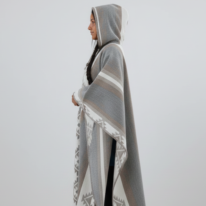 Grey and white AZTEC Wool Ponchos-4