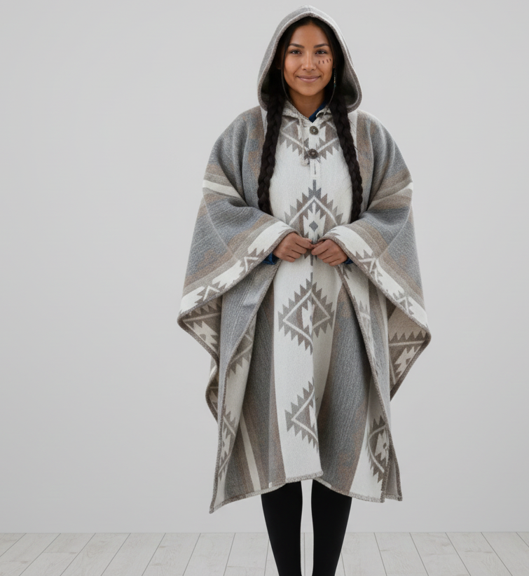 Grey and white AZTEC Wool Ponchos-2
