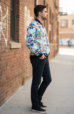 Light Turquoise Floral Sky Bomber Jacket-4