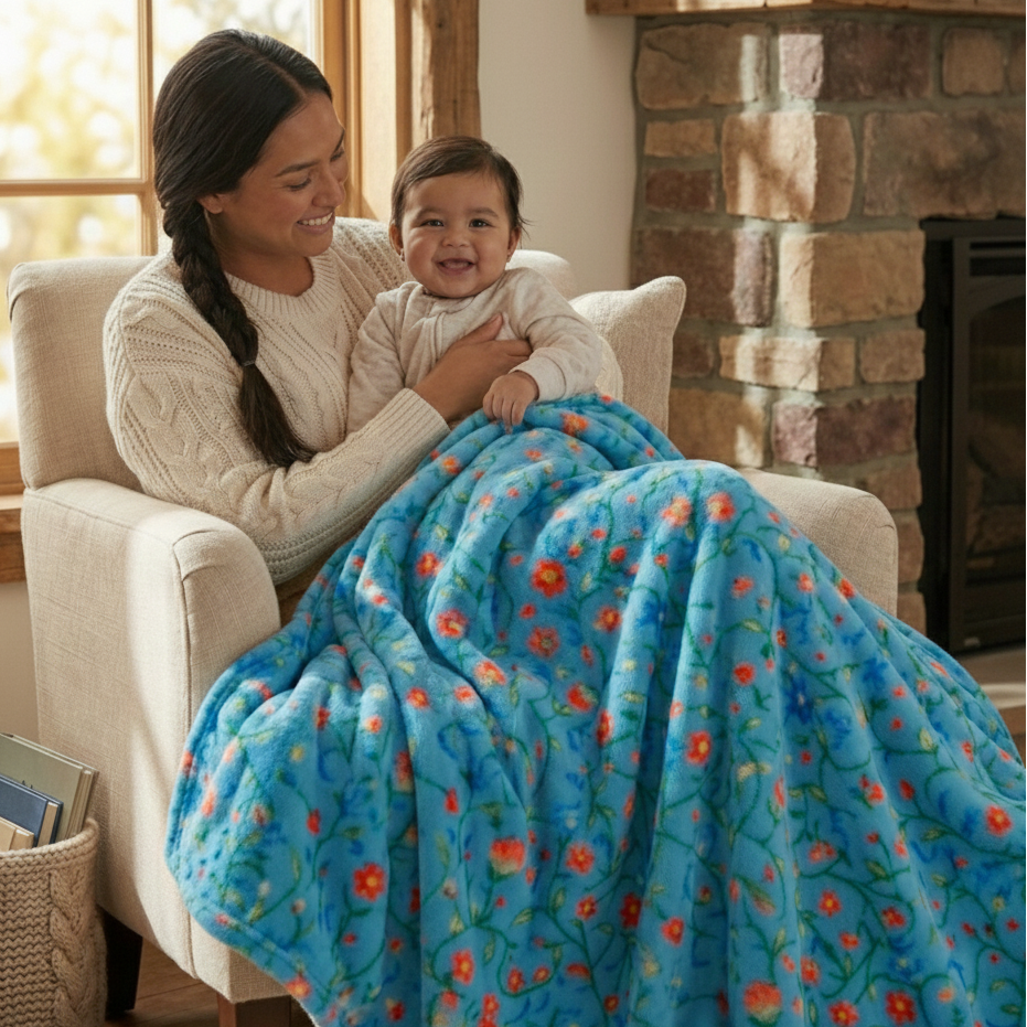Anishinaabe Enchantment" turquoise Floral Plush Throw Blanket-3