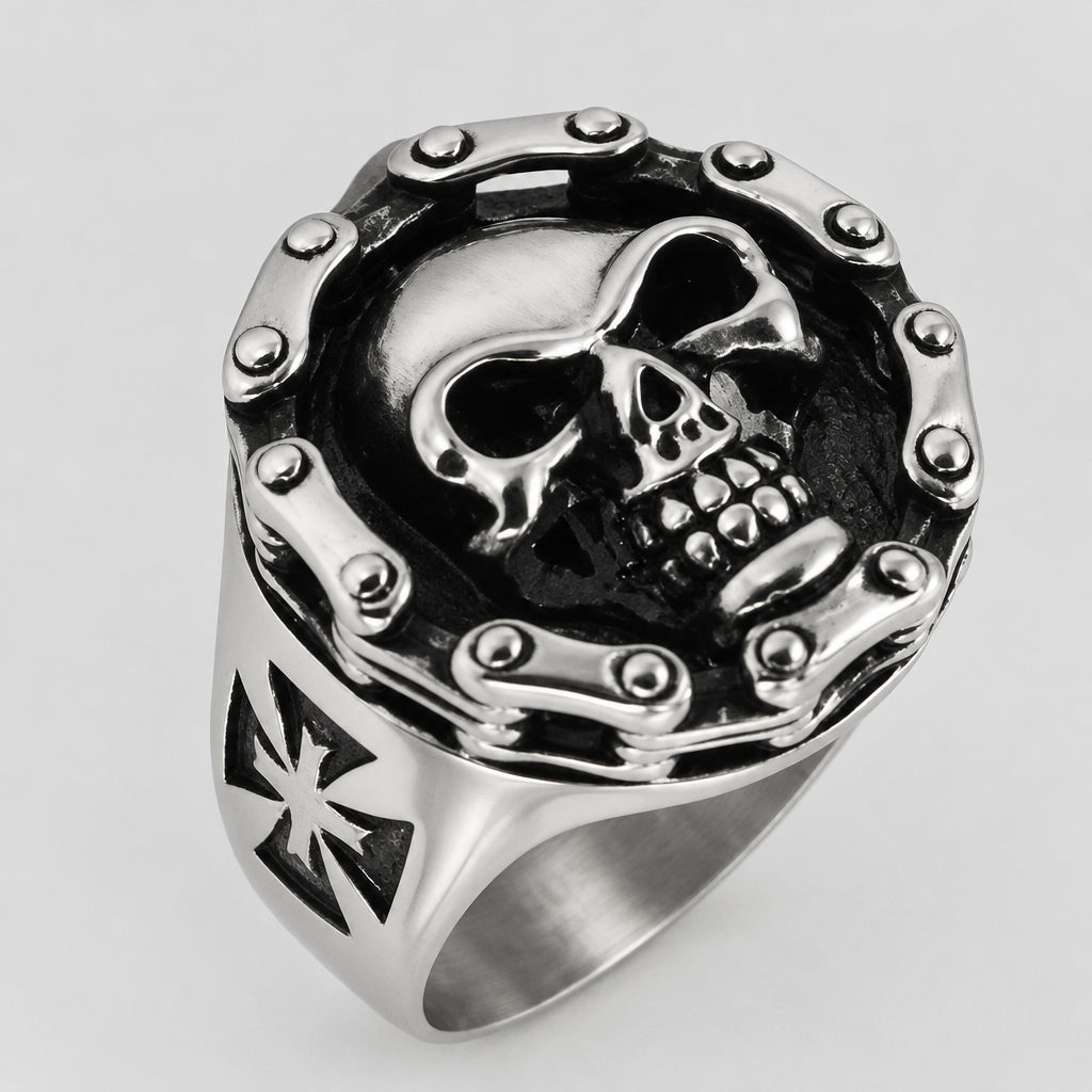 GoSteel Men's Cycle Chain Gothic Skull Ring | Stainless Steel