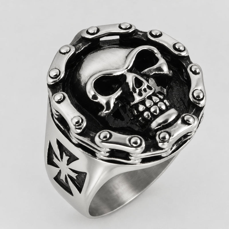 GoSteel Men's Cycle Chain Gothic Skull Ring | Stainless Steel-1