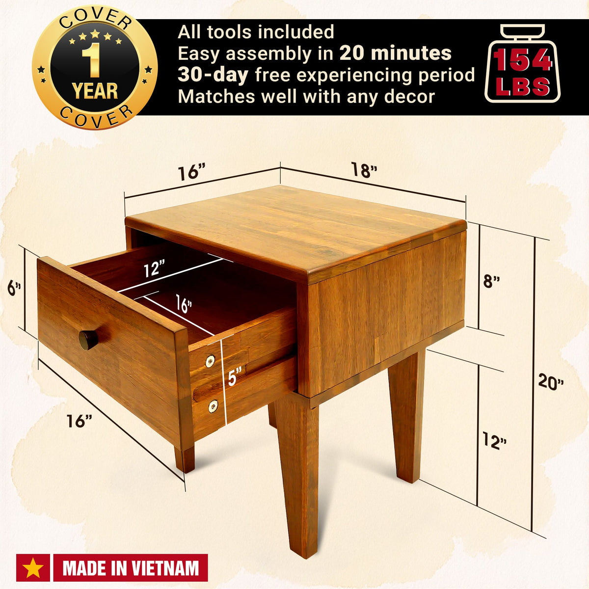 Mesa de noche de madera maciza Sofia de 1 cajón-13