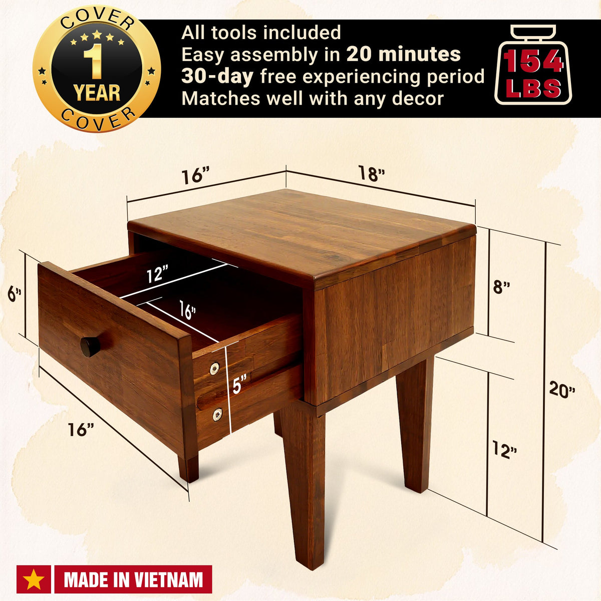 Mesa de noche de madera maciza Sofia de 1 cajón-23
