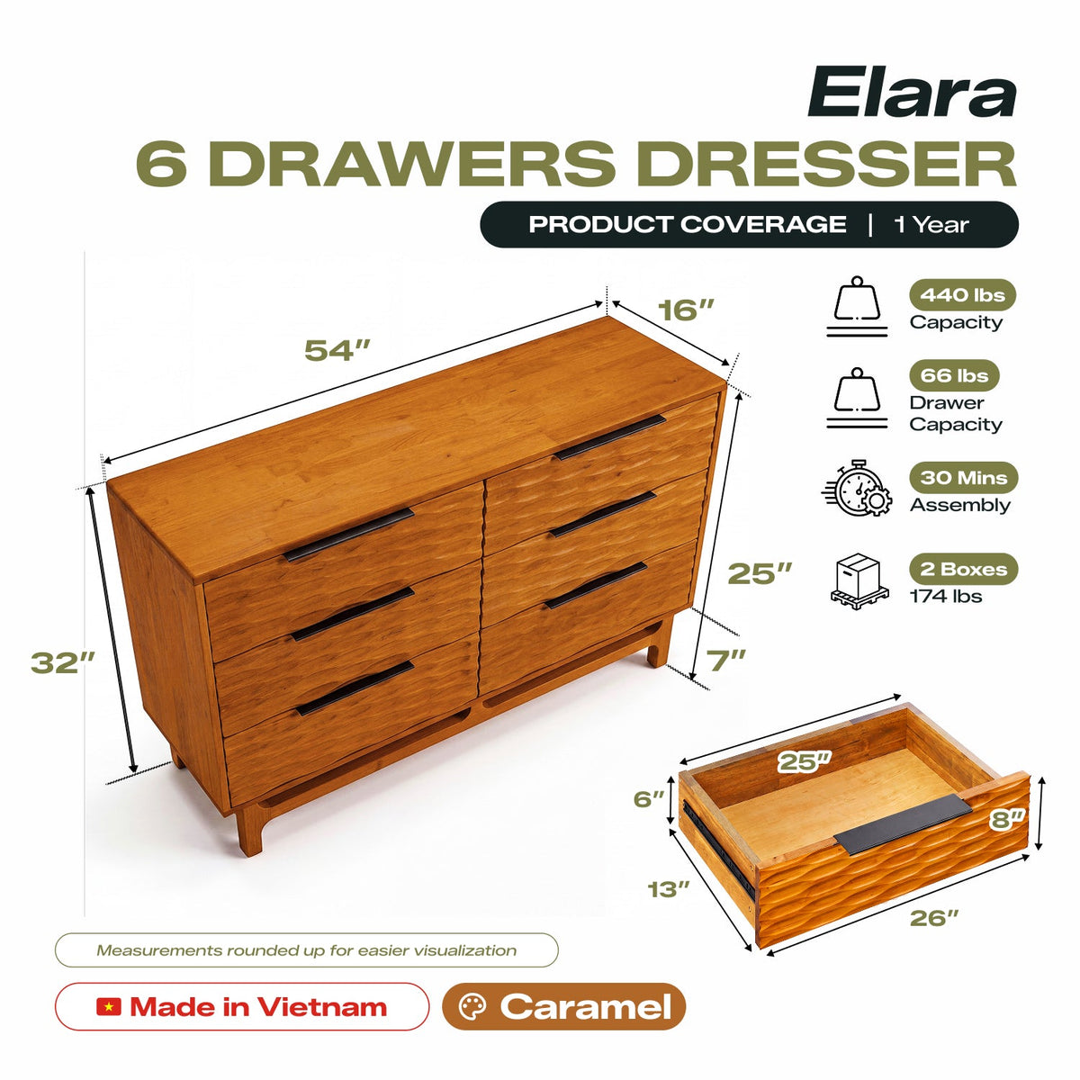 Elara Solid Wood Dresser with 6 Drawers-13