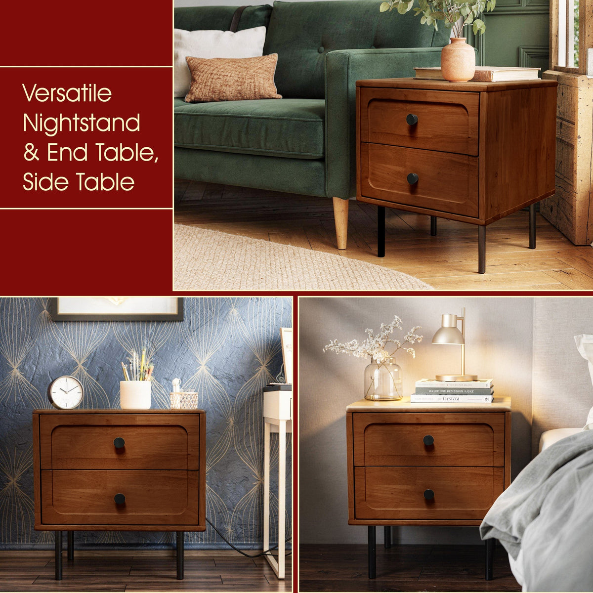 Mesa de noche Savana de madera maciza con dos cajones-17