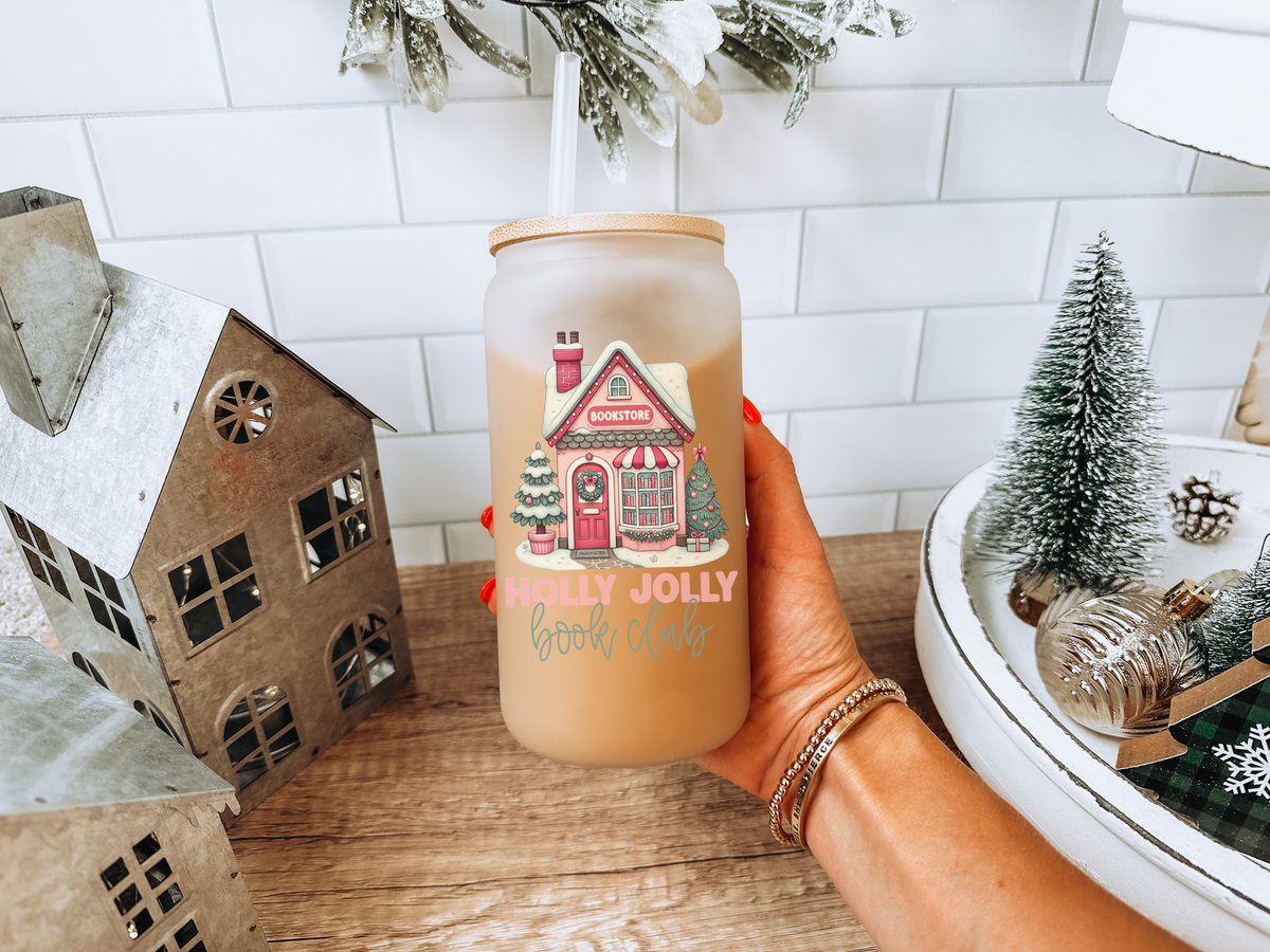 Vaso esmerilado con tapa de bambú Holly Jolly Book Club | Amante de los libros | Navidad