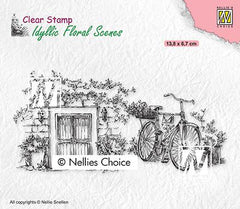 Idyllic Floral Scene Stamp Old Door with Bike-1