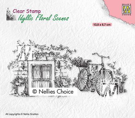 Idyllic Floral Scene Stamp Old Door with Bike-1